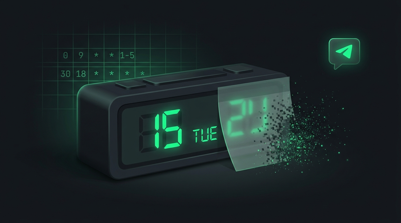 AI agent scheduling a self-deleting one-time reminder via system cron, with a year-guard fallback